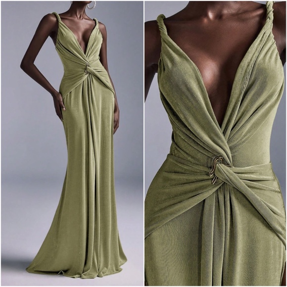 Solid Plunging Neck Twist Detail Party Evening Formal Wedding Dress - Picture 6 of 9